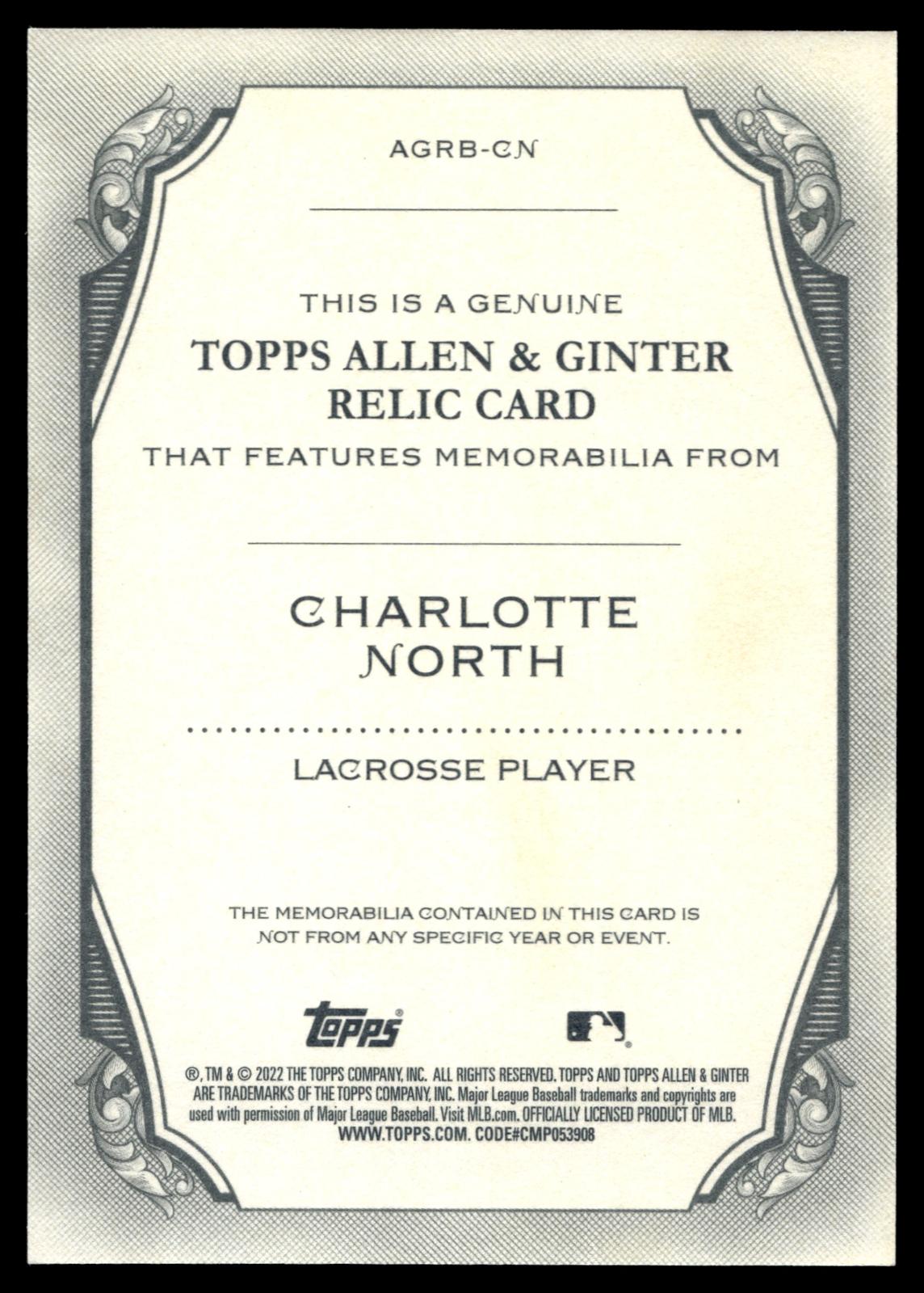 Charlotte North 2022 Topps Allen & Ginter Boston College Eagles Relic #AGRB-CN
