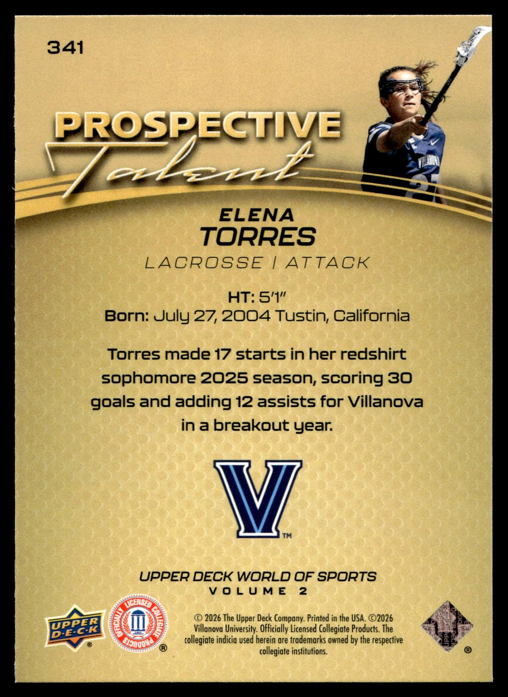 Elena Torres 2026 Upper Deck WOS Volume 2 Villanova Prospective Talent #341