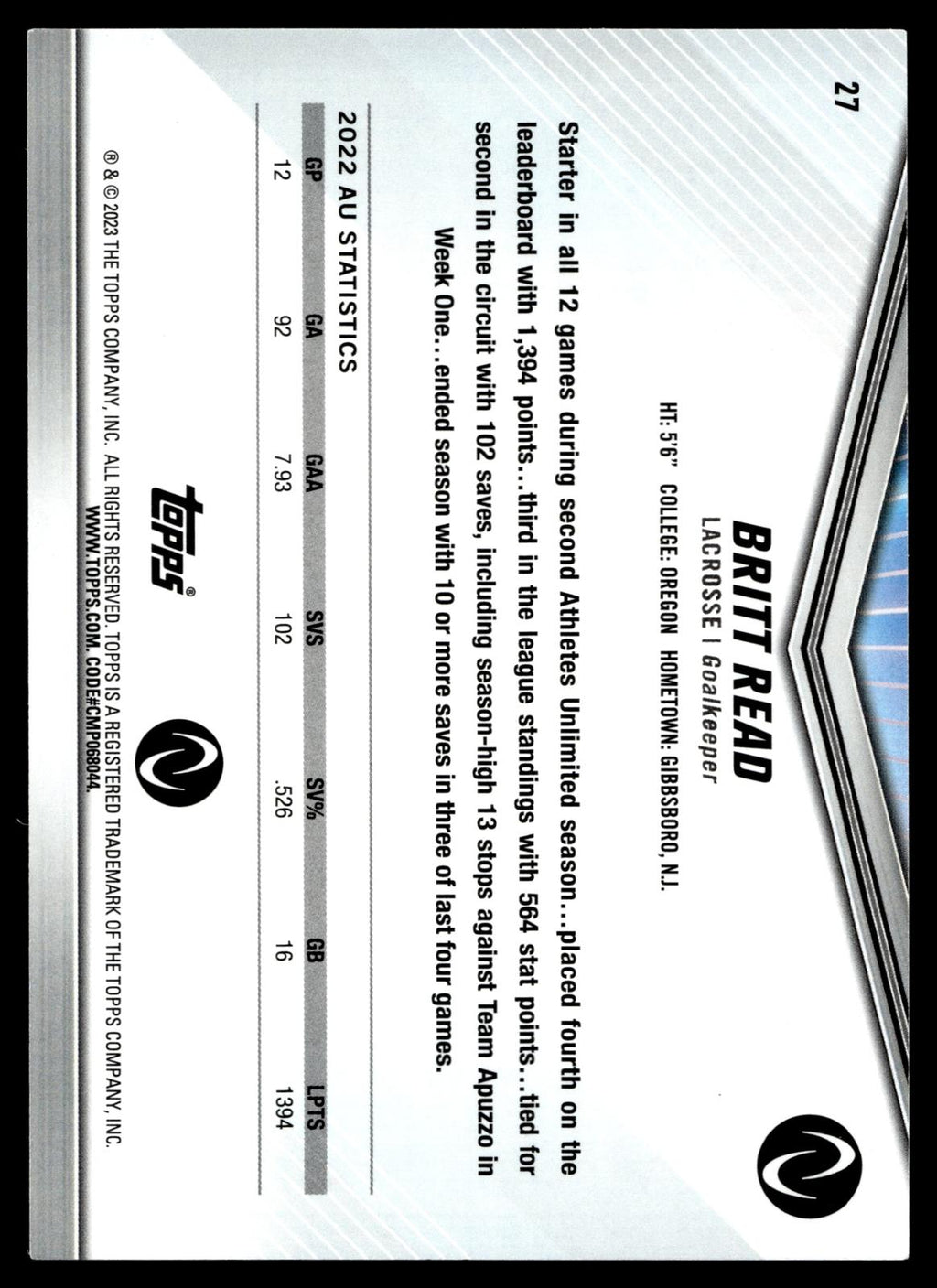 Britt Read 2023 Topps Athletes Unlimited International Trading Card Day #27