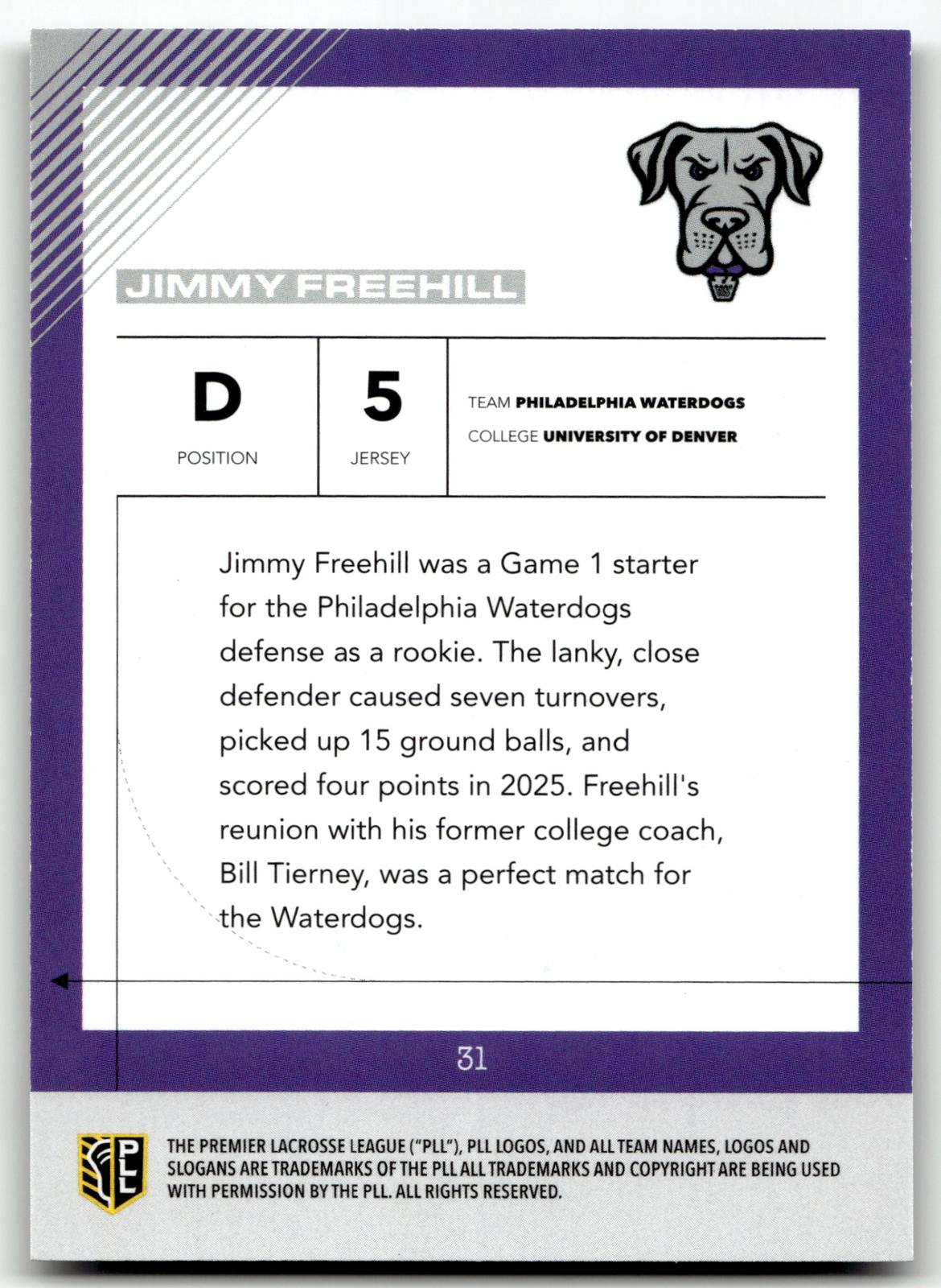 Jimmy Freehill 2026 PLL Fieldside II Philadelphia Waterdogs Base Auto #31