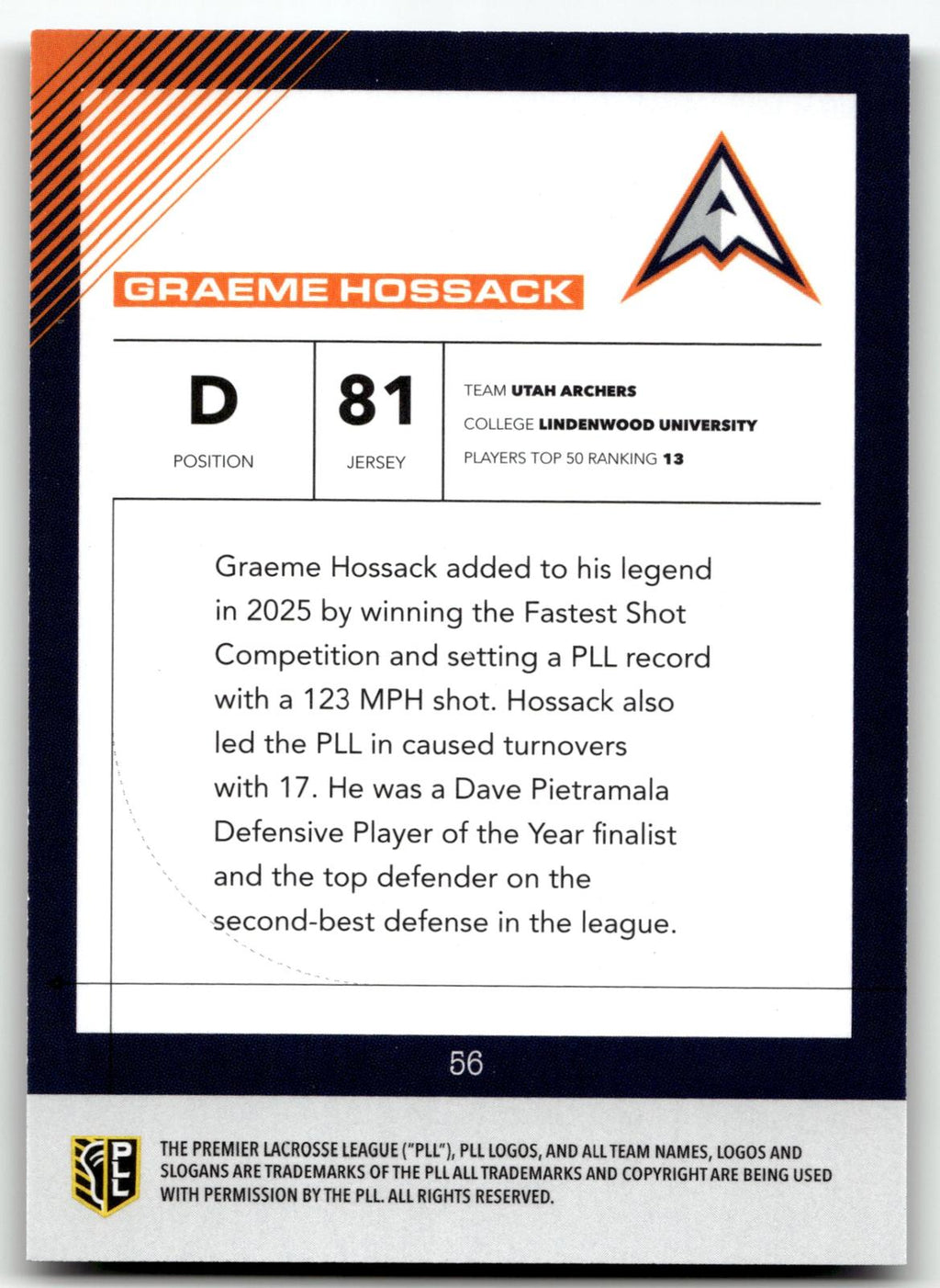Graeme Hossack 2026 PLL Fieldside II Utah Archers Base Auto #56