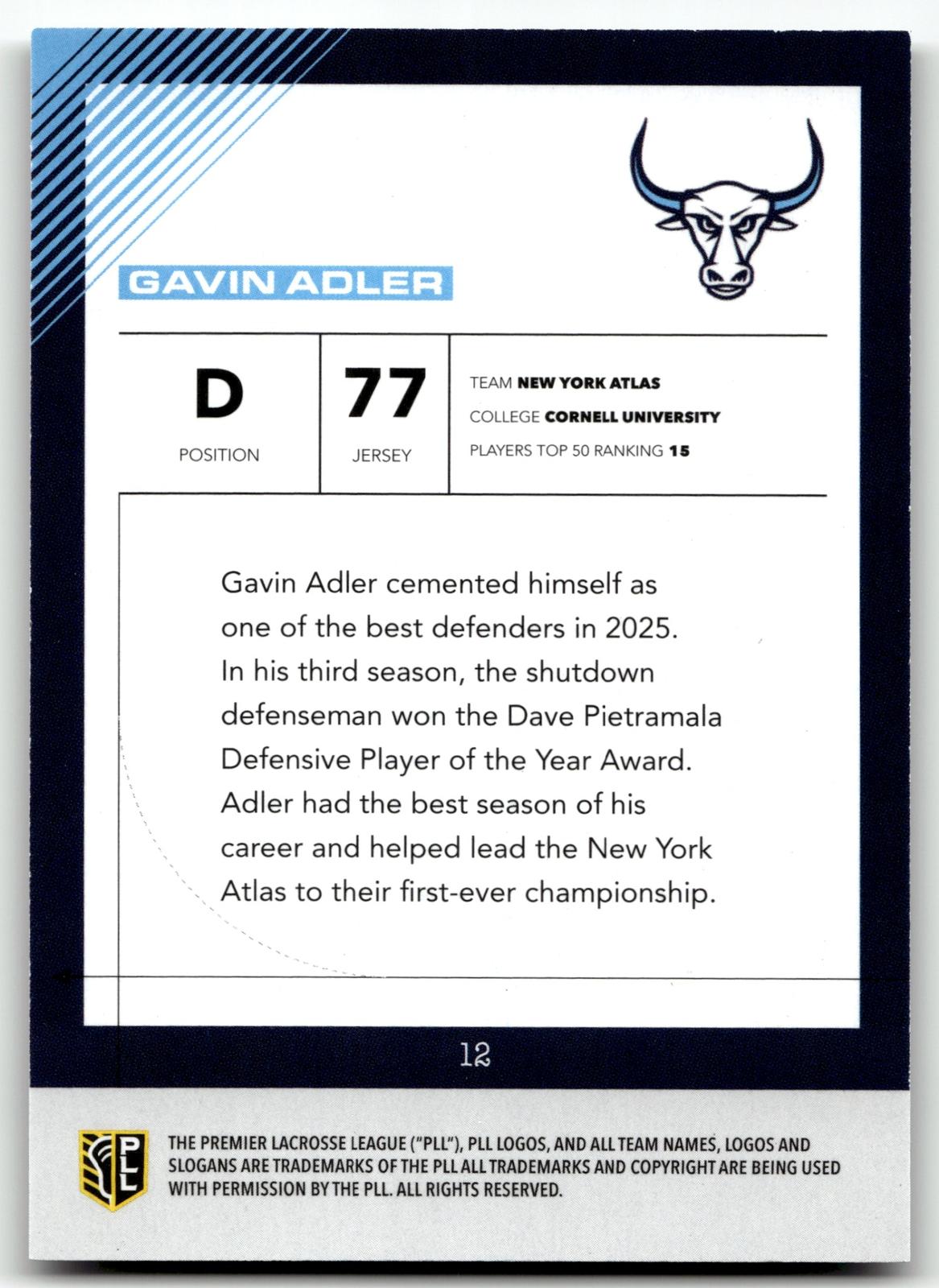 Gavin Adler 2026 PLL Fieldside II New York Atlas Base Auto #12