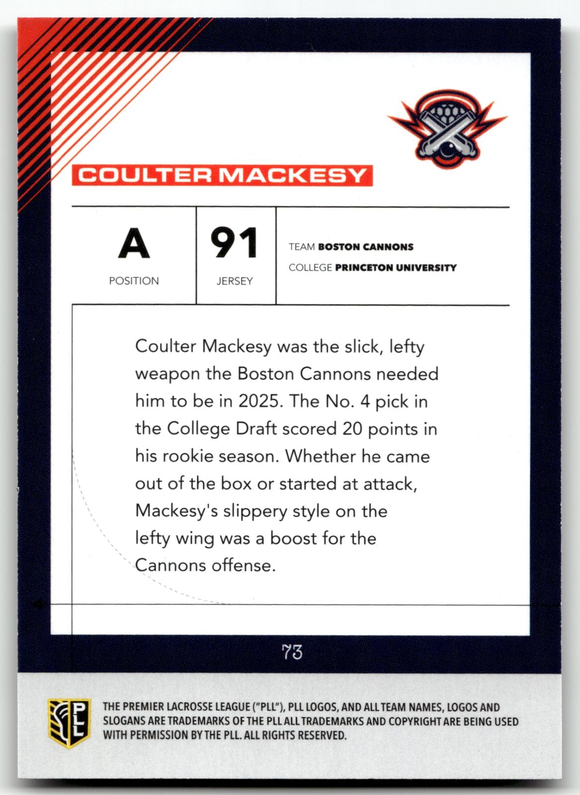 Coulter Mackesy 2026 PLL Fieldside II Boston Cannons Base Auto #73