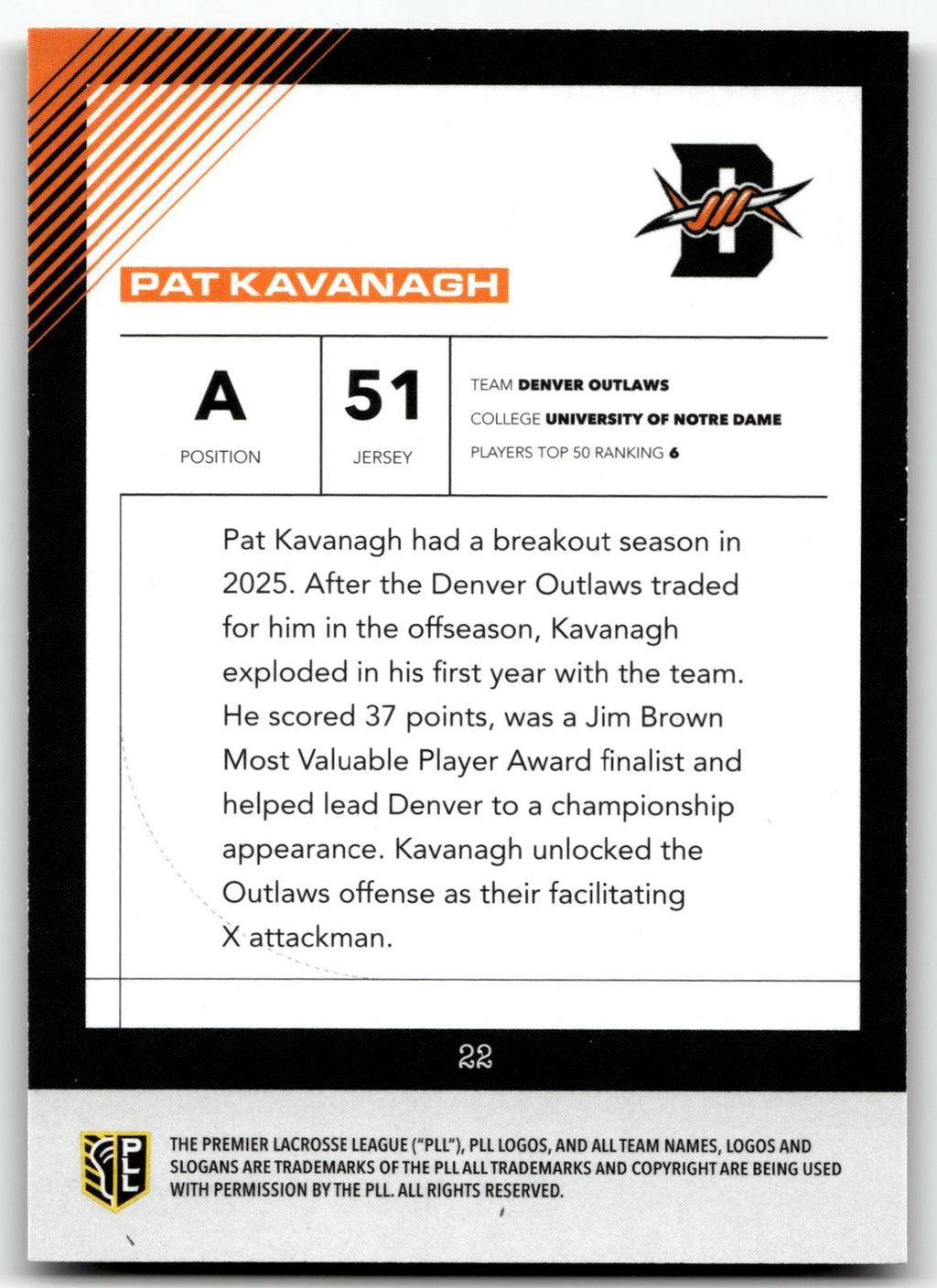 Pat Kavanagh 2026 PLL Fieldside II Denver Outlaws Black 12/25 #22