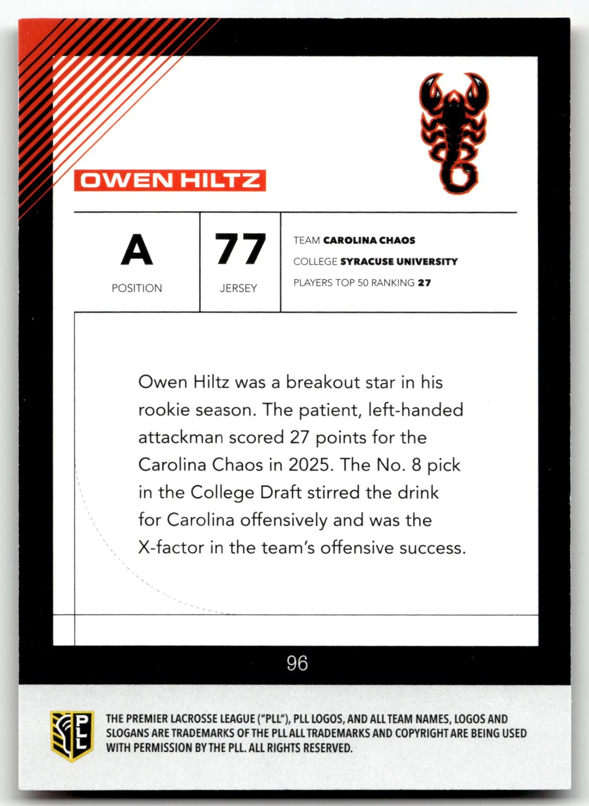 Owen Hiltz 2026 PLL Fieldside II Carolina Chaos Orange 31/50 #96