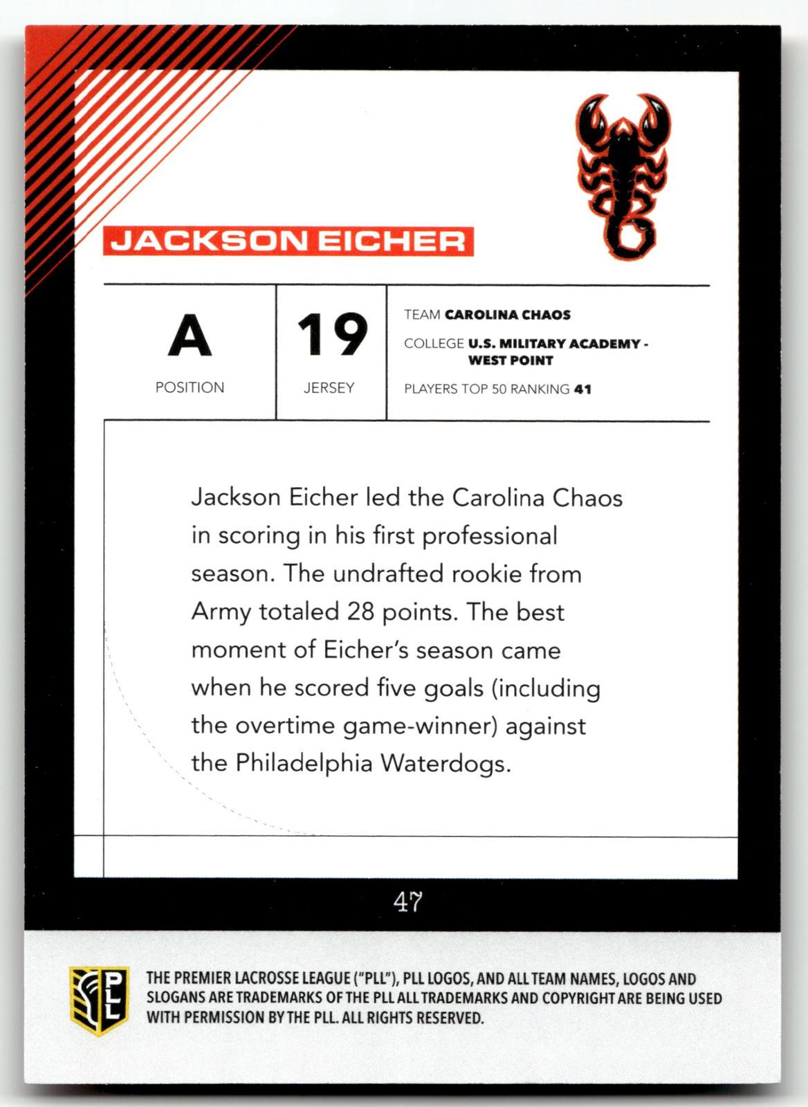 Jackson Eicher 2026 PLL Fieldside II Carolina Chaos Orange 10/50 #47