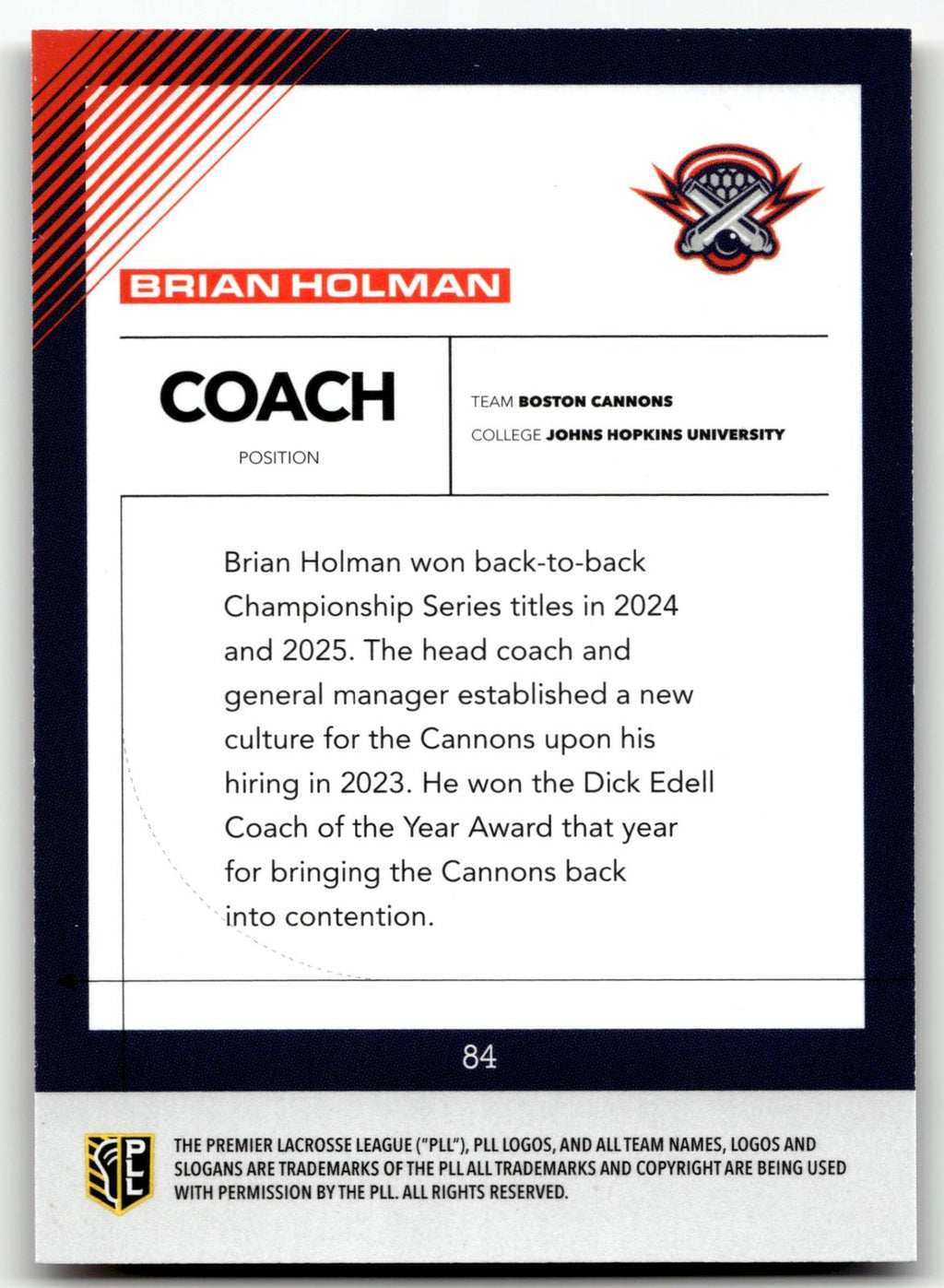 Brian Holman 2026 PLL Fieldside II Boston Cannons Orange 22/50 #84