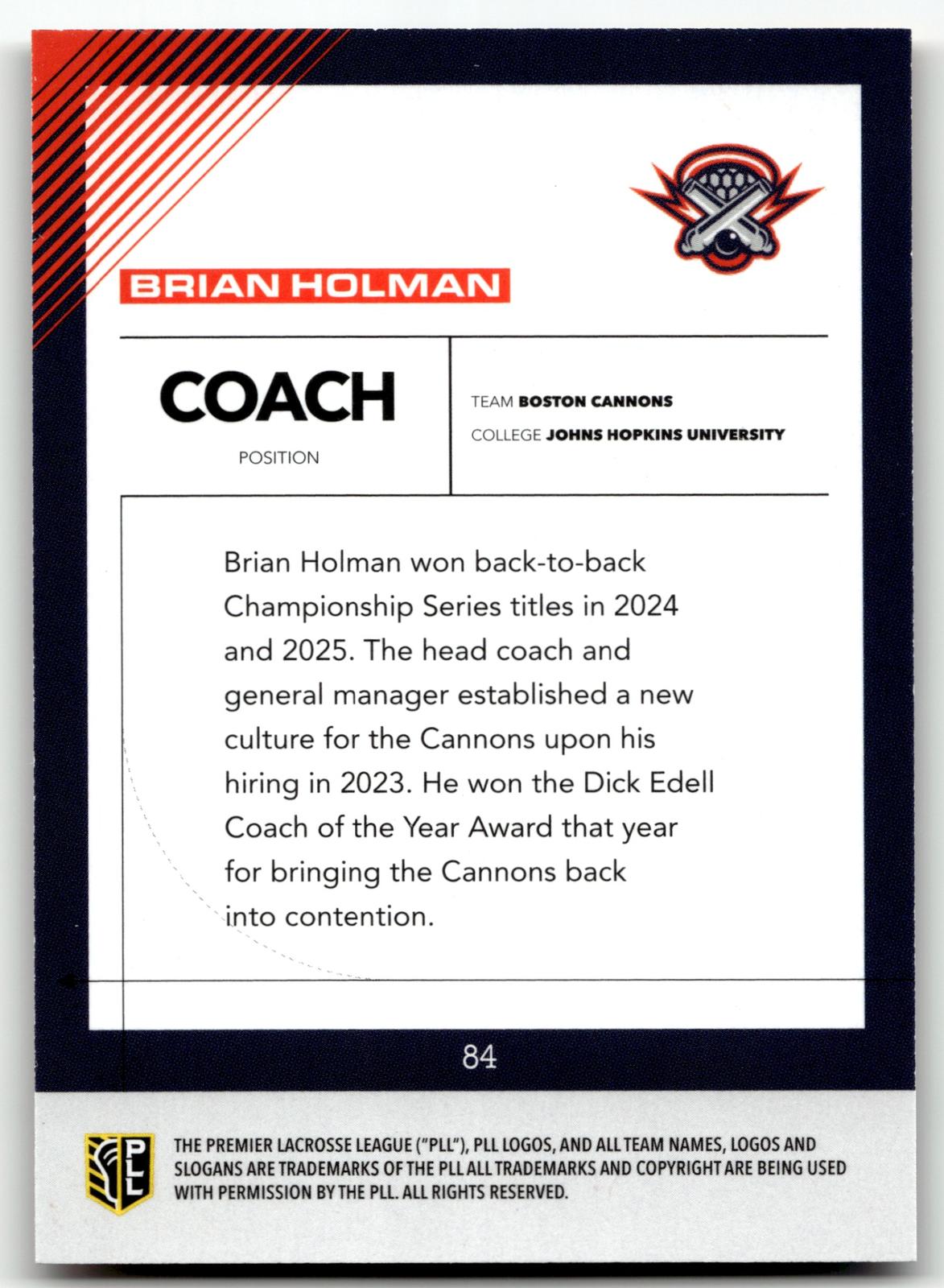 Brian Holman 2026 PLL Fieldside II Boston Cannons Orange 22/50 #84
