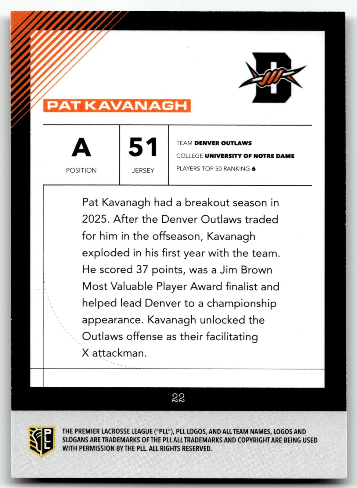 Pat Kavanagh 2026 PLL Fieldside II Denver Outlaws B & W 34/50 #22