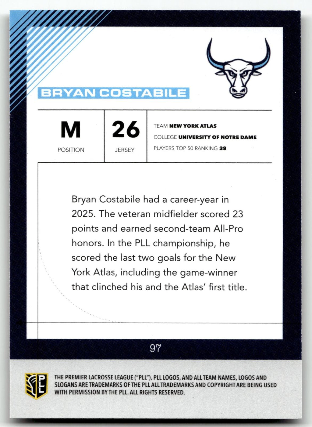 Bryan Costabile 2026 PLL Fieldside II New York Atlas B & W 21/50 #97