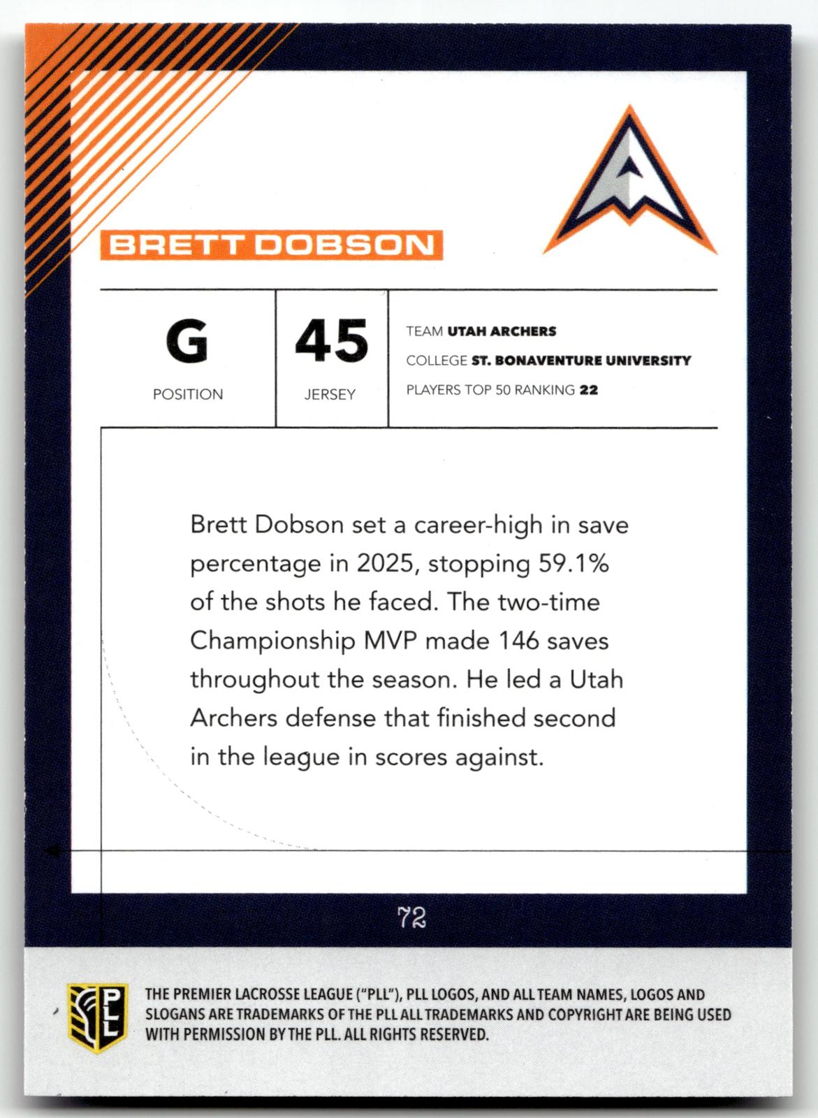 Brett Dobson 2026 PLL Fieldside II Utah Archers Blue 62/99 #72