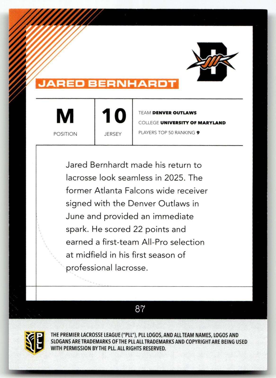 Jared Bernhardt 2026 PLL Fieldside II Denver Outlaws Blue 85/99 #87