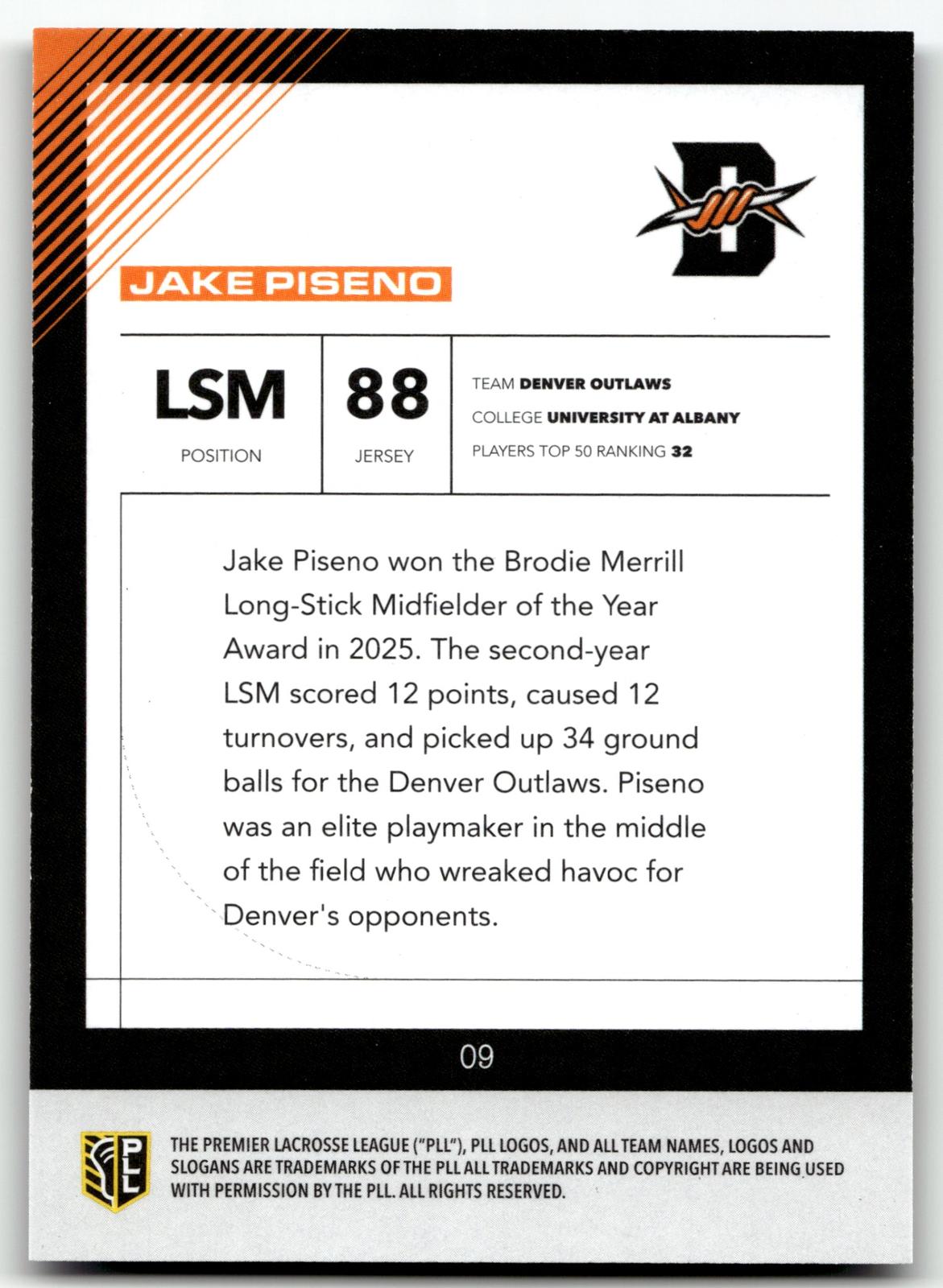 Jake Piseno 2026 PLL Fieldside II Denver Outlaws Blue 05/99 #09