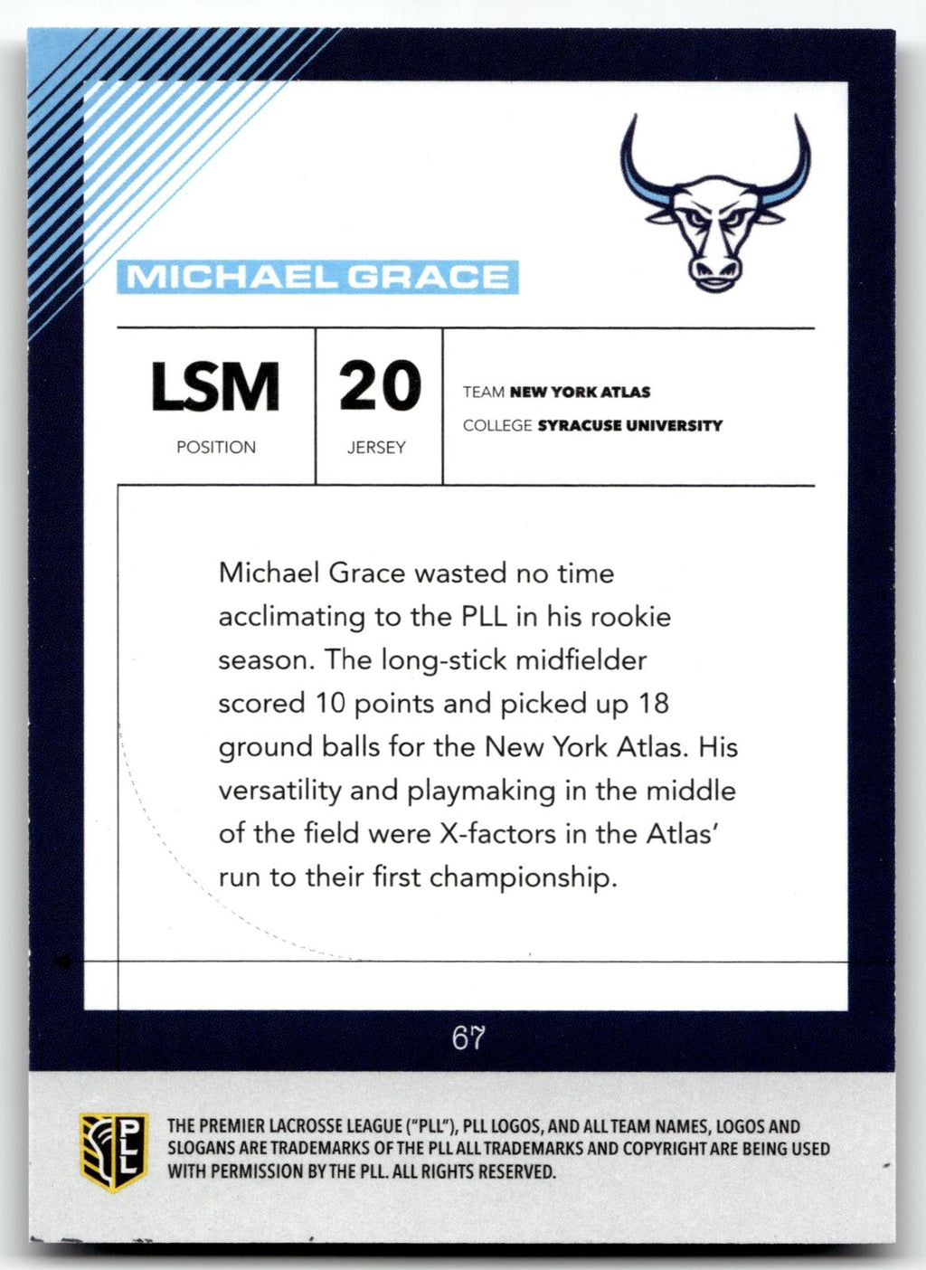 Michael Grace 2026 PLL Fieldside II New York Atlas Blue 19/99 #67