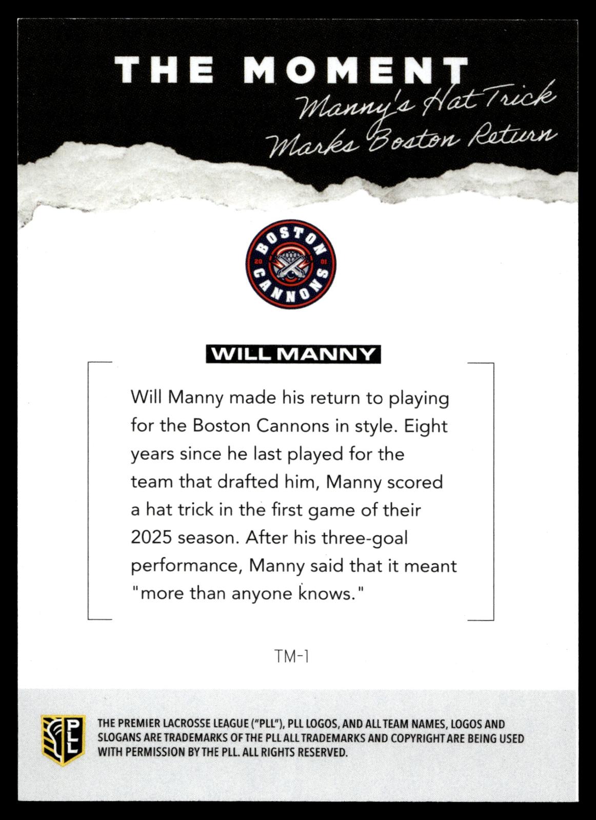 Will Manny 2026 PLL Fieldside II Boston Cannons Blue 45/99 #TM-1