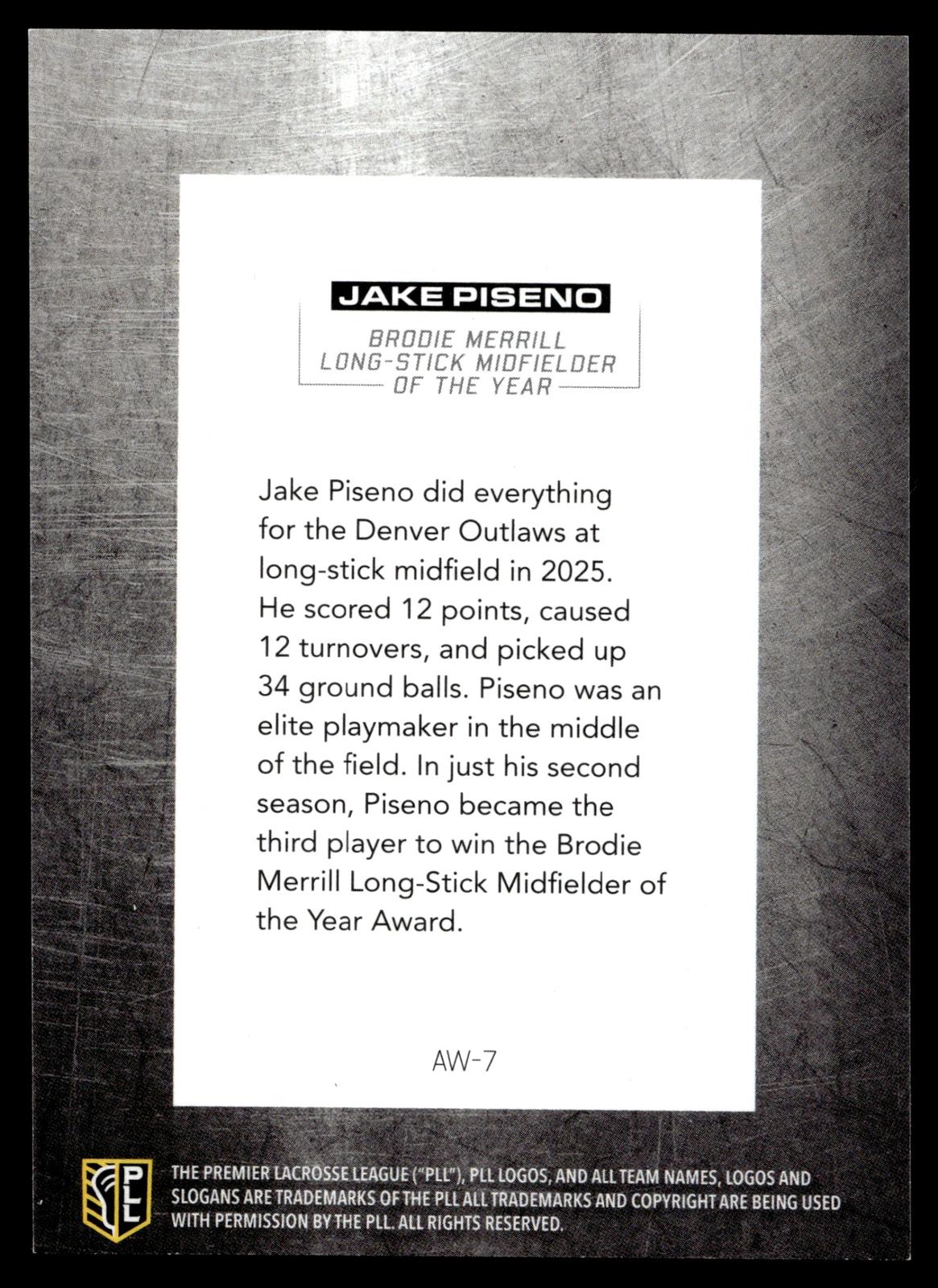 Jake Piseno 2026 PLL Fieldside II Denver Outlaws Blue 12/99 #AW-7