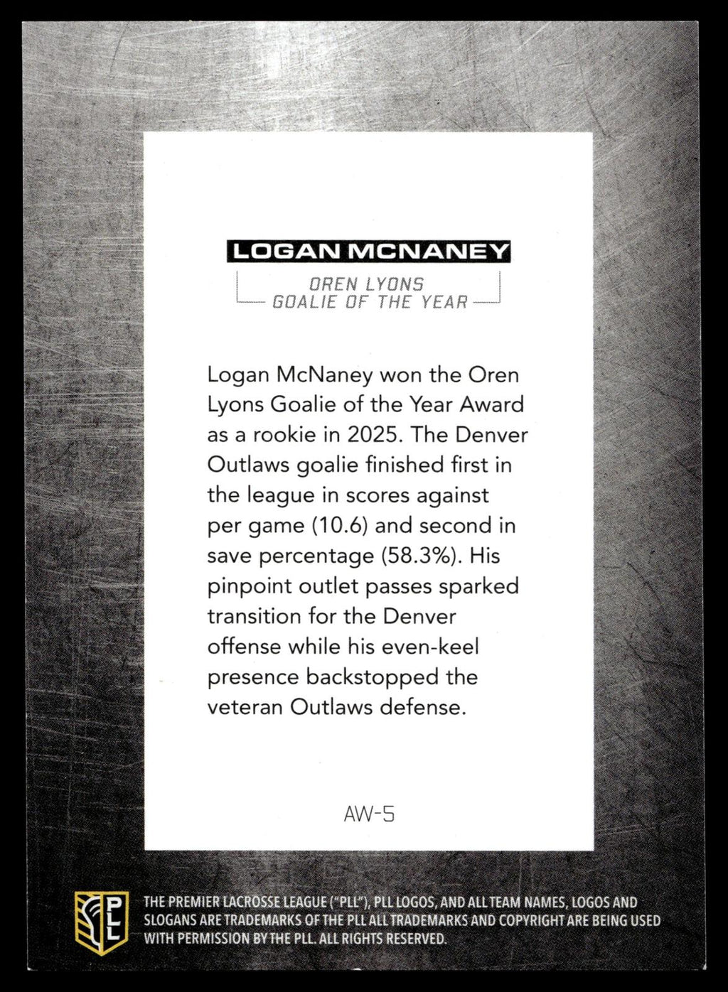 Logan McNaney 2026 PLL Fieldside II Denver Outlaws Blue 55/99 #AW-5