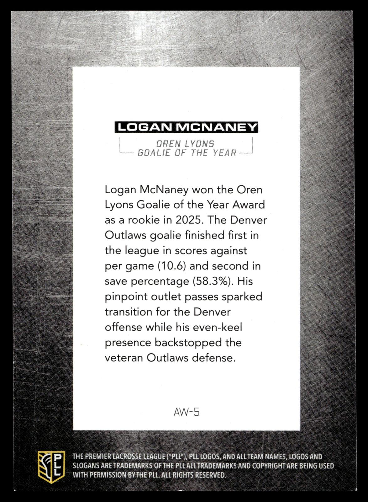 Logan McNaney 2026 PLL Fieldside II Denver Outlaws Blue 55/99 #AW-5