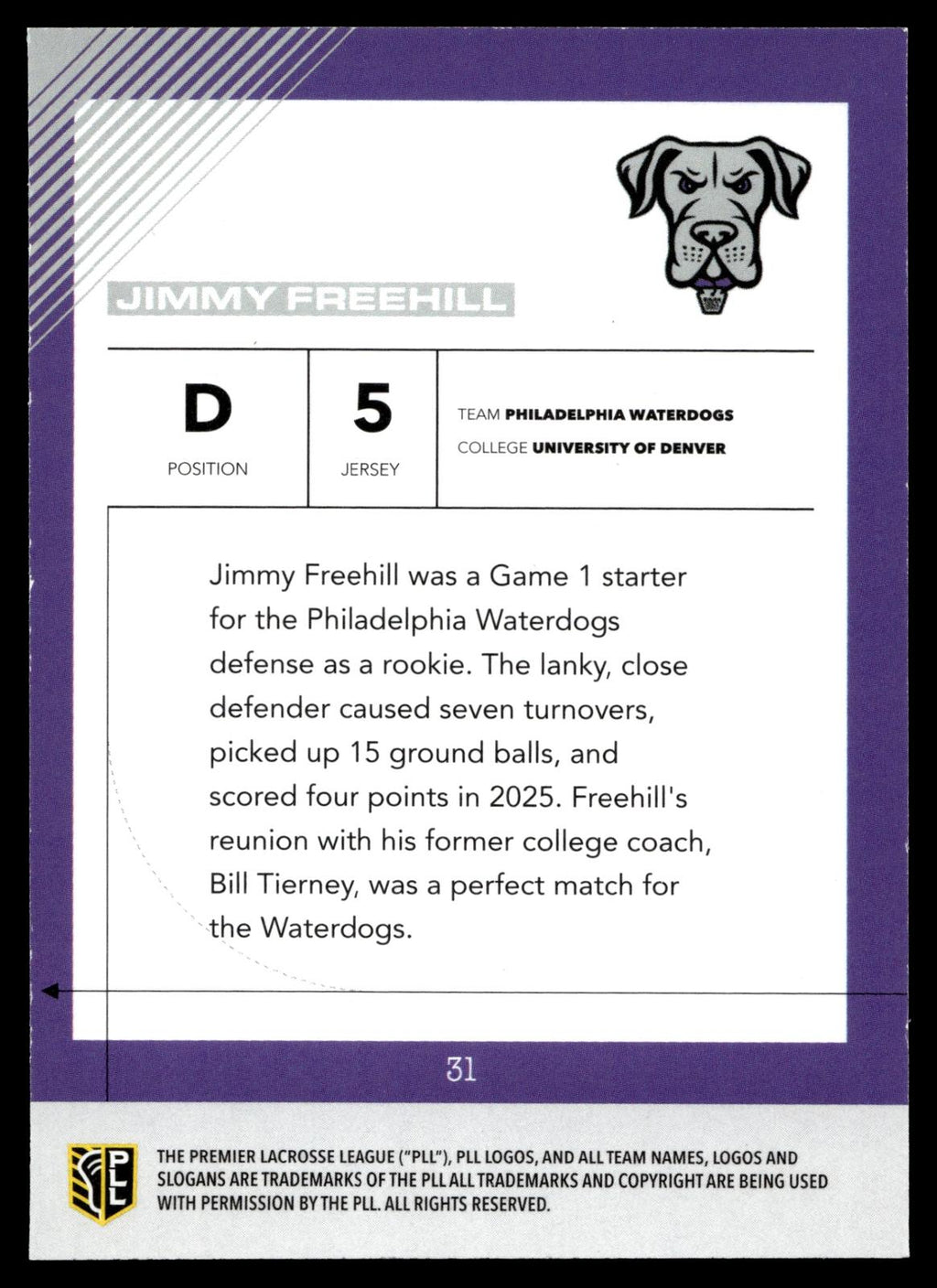Jimmy Freehill 2026 PLL Fieldside II Philadelphia Waterdogs Matte Finish #31