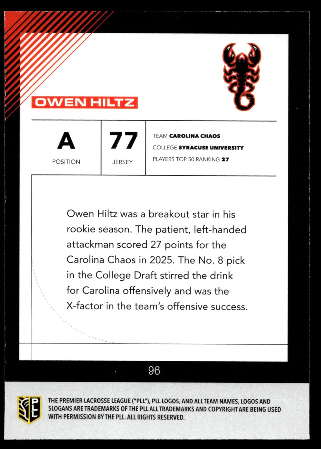 Owen Hiltz 2026 PLL Fieldside II Carolina Chaos Matte Finish #96