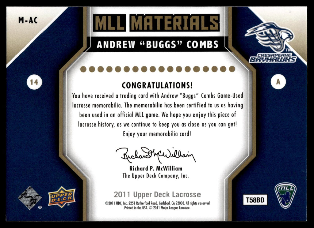 Andrew "Buggs" Combs 2011 Upper Deck MLL Materials Chesapeake Bayhawks #M-AC