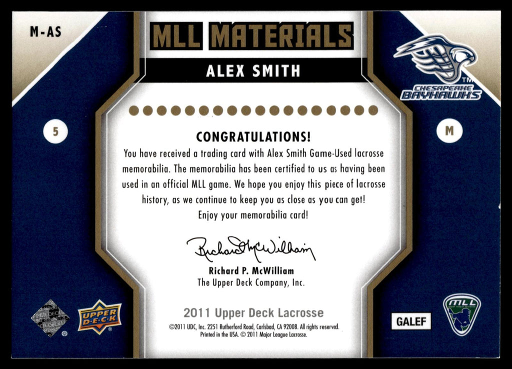 Alex Smith 2011 Upper Deck MLL Materials Chesapeake Bayhawks #M-AS
