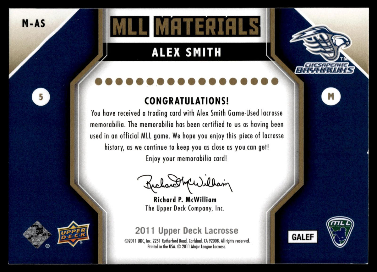Alex Smith 2011 Upper Deck MLL Materials Chesapeake Bayhawks #M-AS