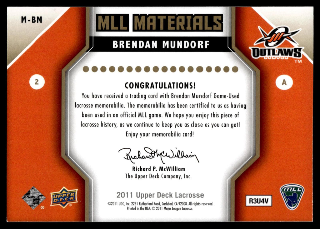 Brendan Mundorf 2011 Upper Deck MLL Materials Denver Outlaws #M-BM