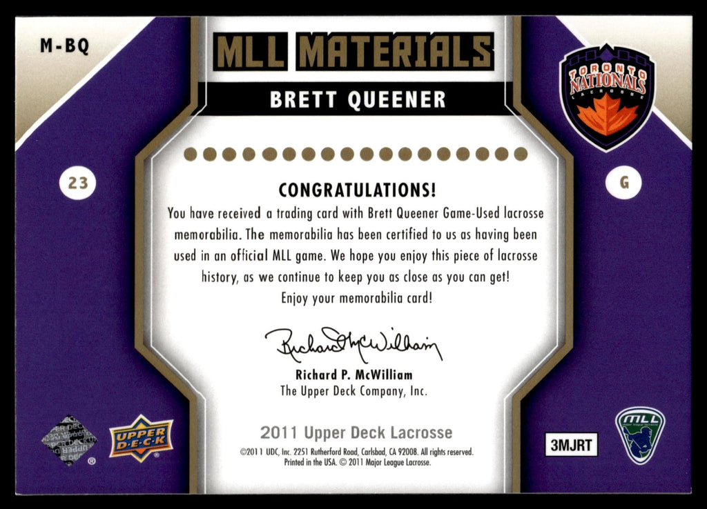 Brett Queener 2011 Upper Deck MLL Materials Toronto Nationals #M-BQ