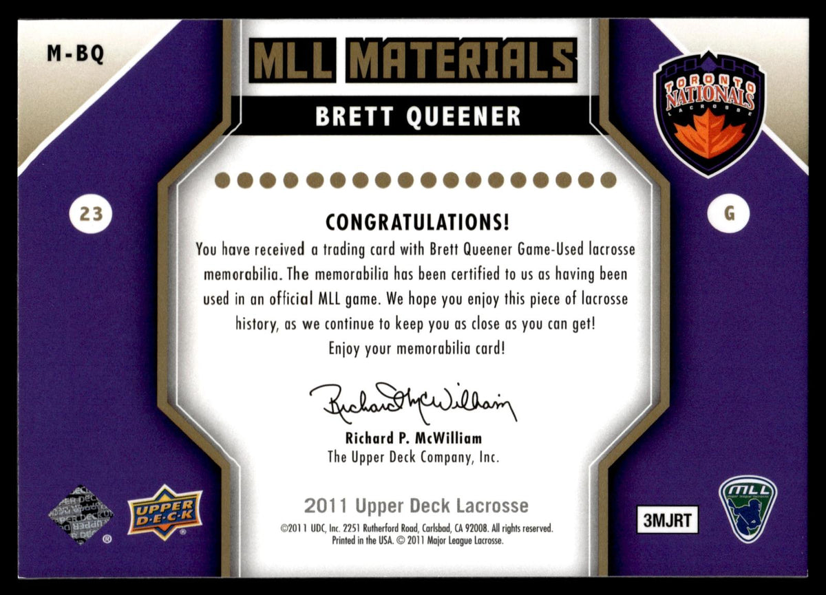 Brett Queener 2011 Upper Deck MLL Materials Toronto Nationals #M-BQ