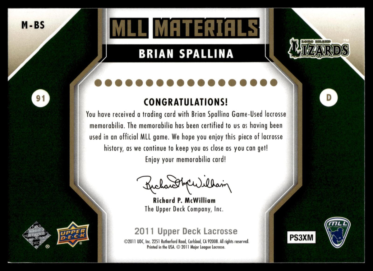 Brian Spallina 2011 Upper Deck MLL Materials Long Island Lizards #M-BS