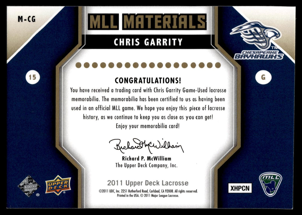 Chris Garrity 2011 Upper Deck MLL Materials Chesapeake Bayhawks #M-CG