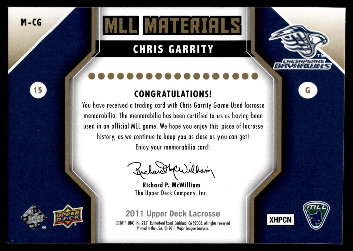 Chris Garrity 2011 Upper Deck MLL Materials Chesapeake Bayhawks #M-CG