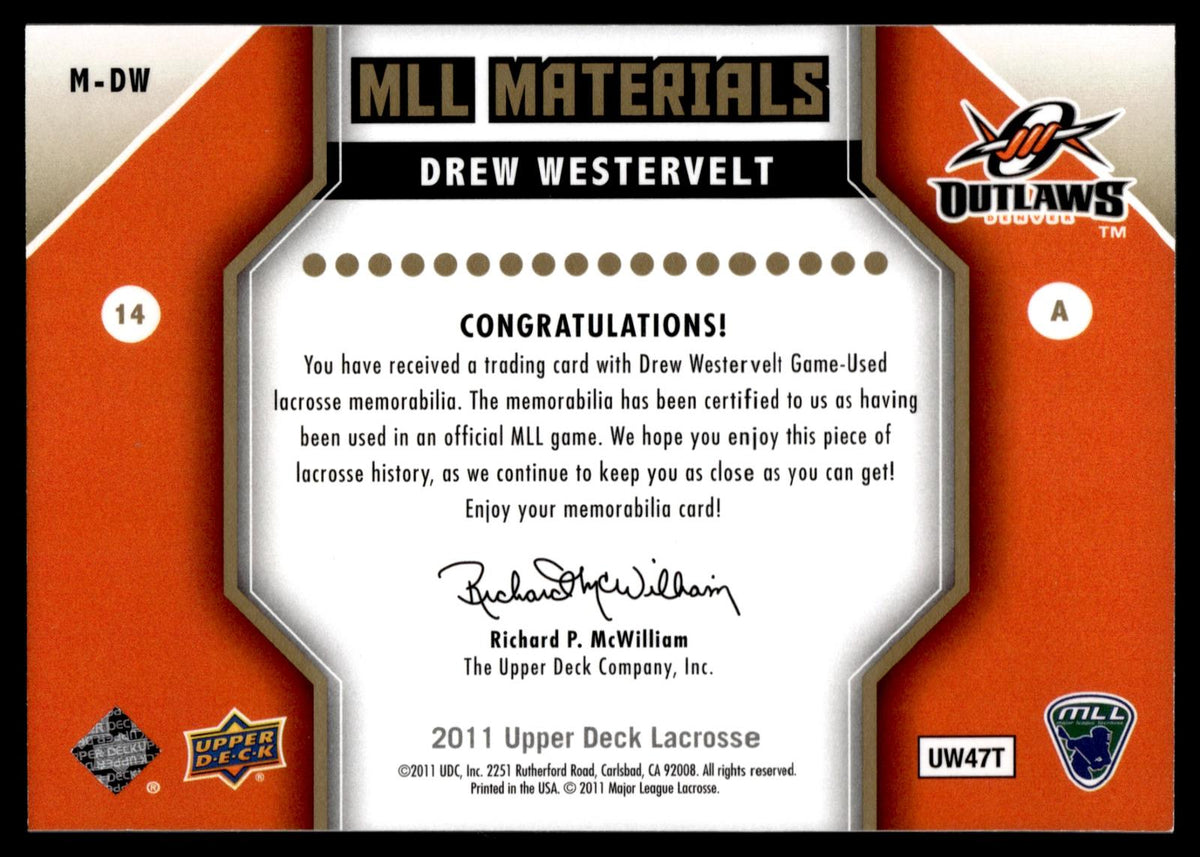 Drew Westervelt 2011 Upper Deck MLL Materials Denver Outlaws #M-DW