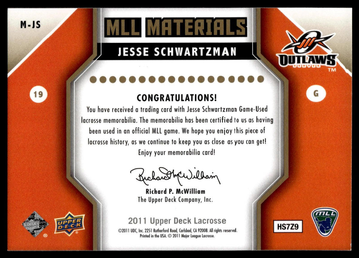 Jesse Schwartzman 2011 Upper Deck MLL Materials Denver Outlaws #M-JS