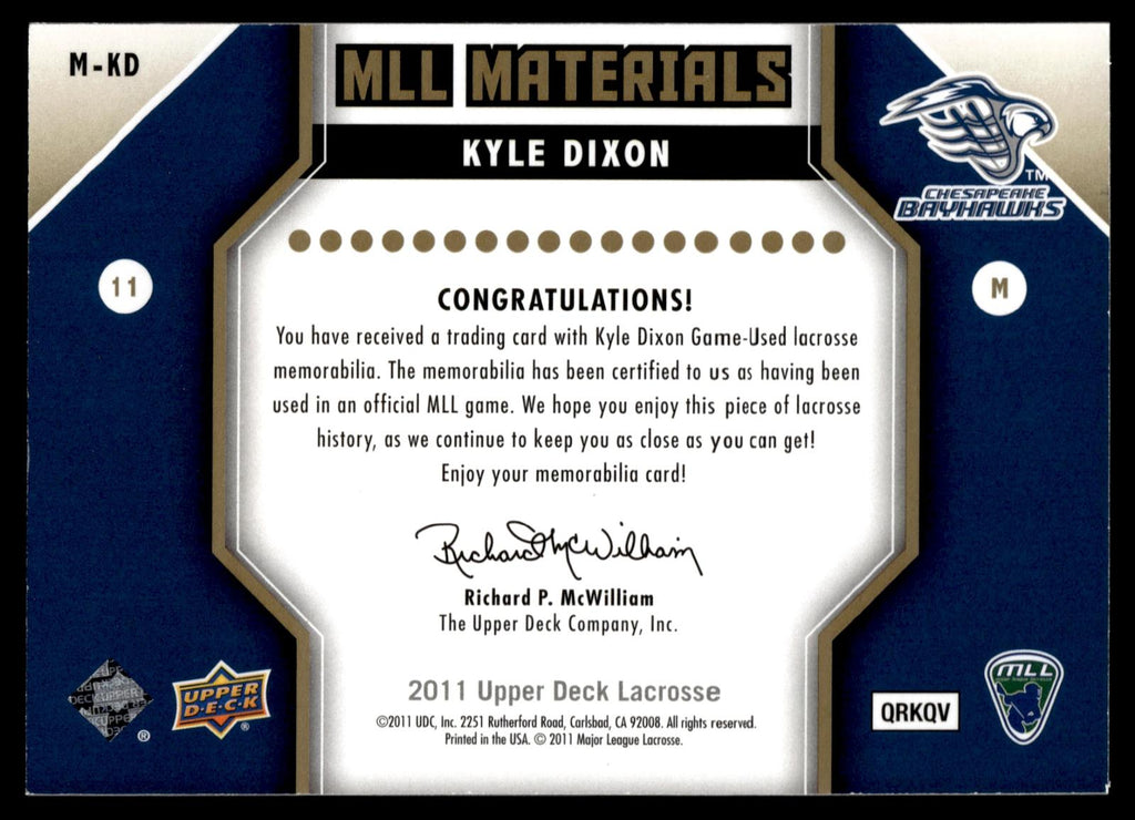 Kyle Dixon 2011 Upper Deck MLL Materials Chesapeake Bayhawks #M-KD