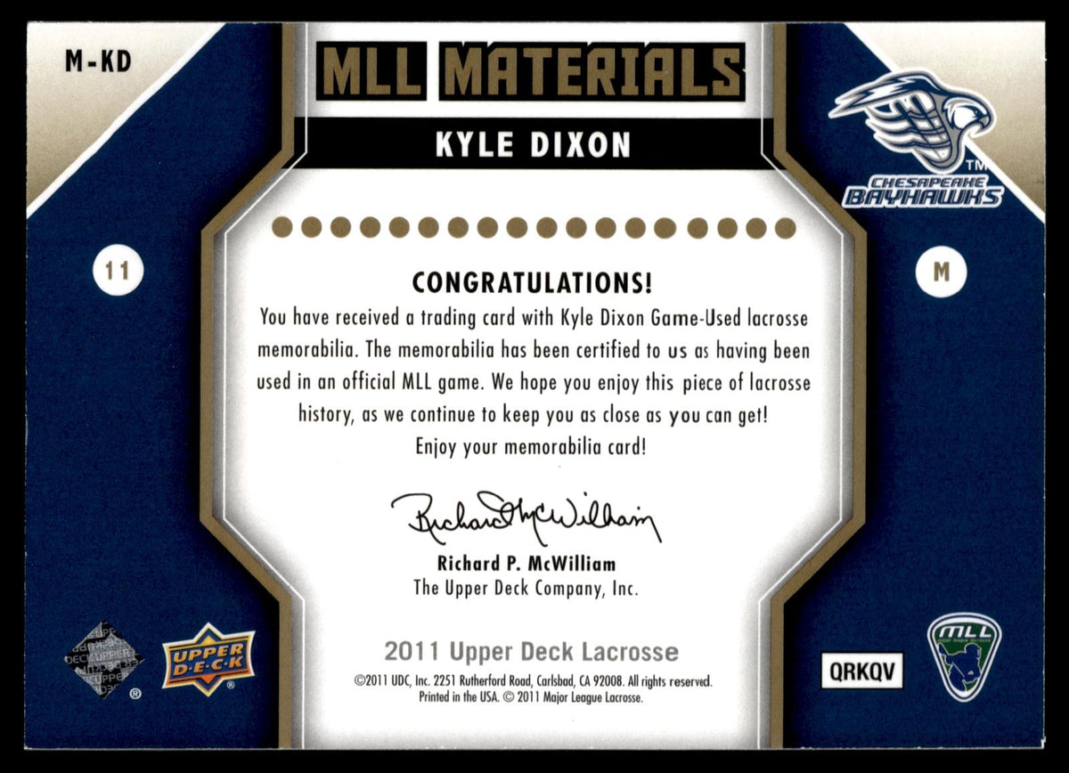 Kyle Dixon 2011 Upper Deck MLL Materials Chesapeake Bayhawks #M-KD