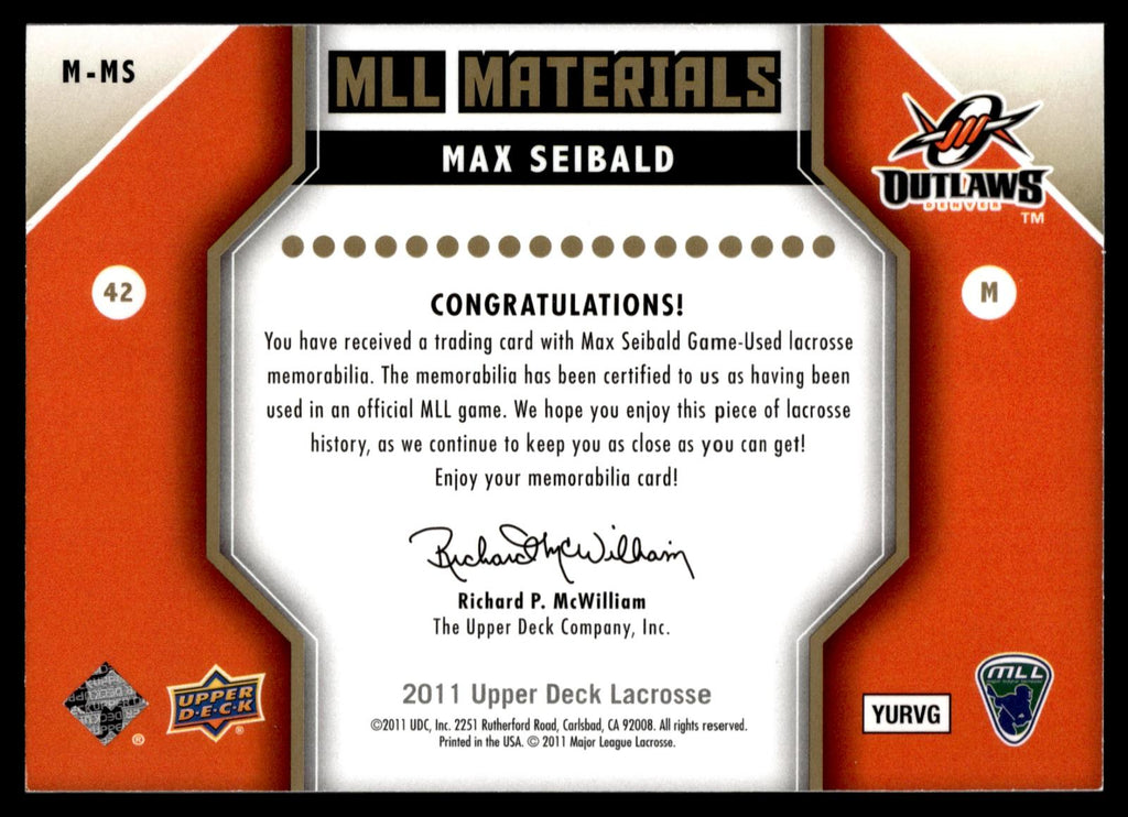 Max Seibald 2011 Upper Deck MLL Materials Denver Outlaws #M-MS