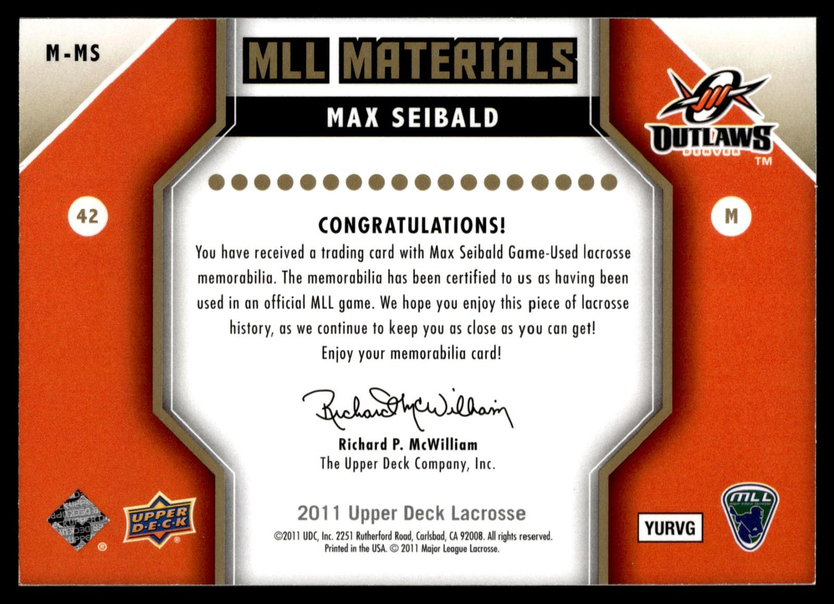 Max Seibald 2011 Upper Deck MLL Materials Denver Outlaws #M-MS