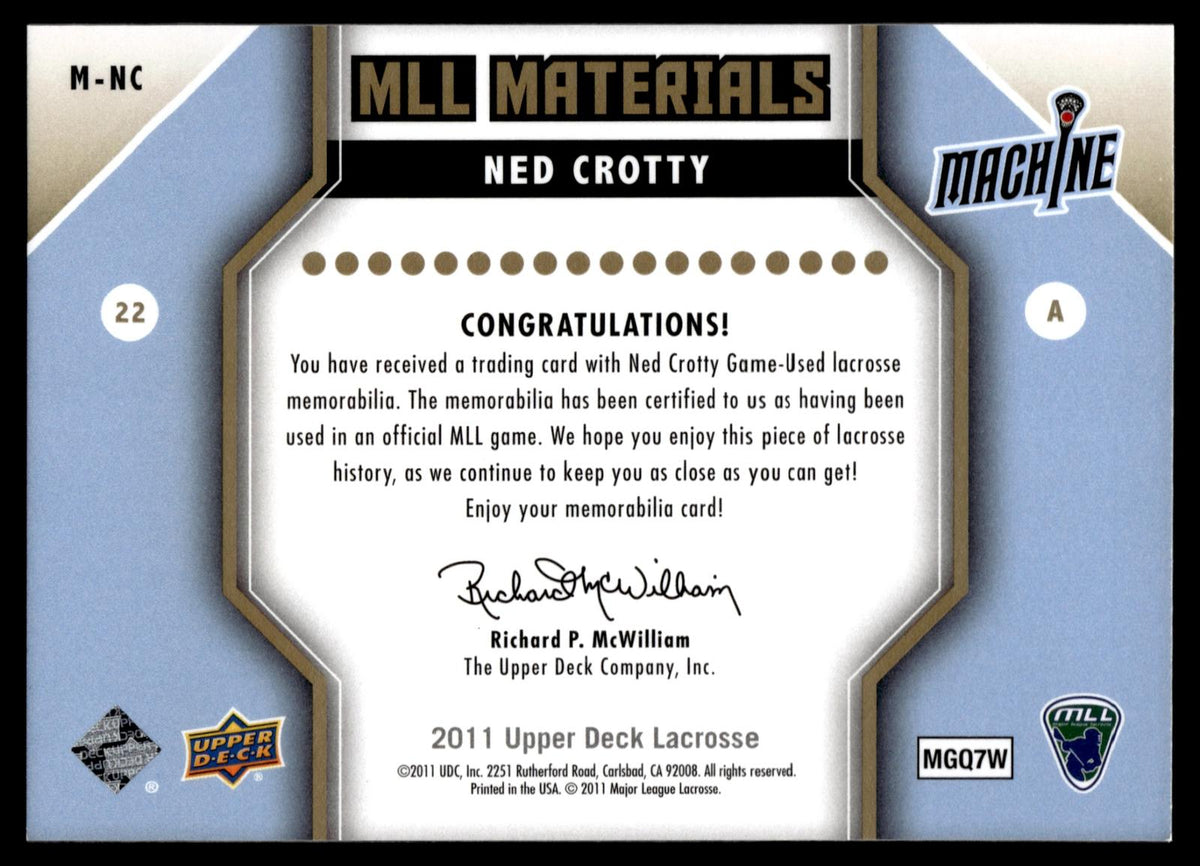 Ned Crotty 2011 Upper Deck MLL Materials Ohio Machine #N-NC