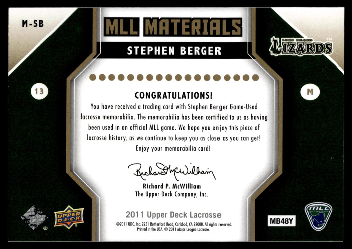 Stephen Berger 2011 Upper Deck MLL Materials Long Island Lizards #M-SB
