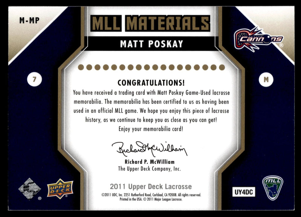 Matt Poskay 2011 Upper Deck MLL Materials Boston Cannons #M-MP