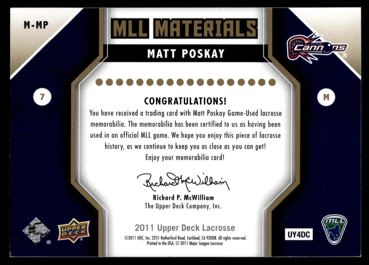 Matt Poskay 2011 Upper Deck MLL Materials Boston Cannons #M-MP