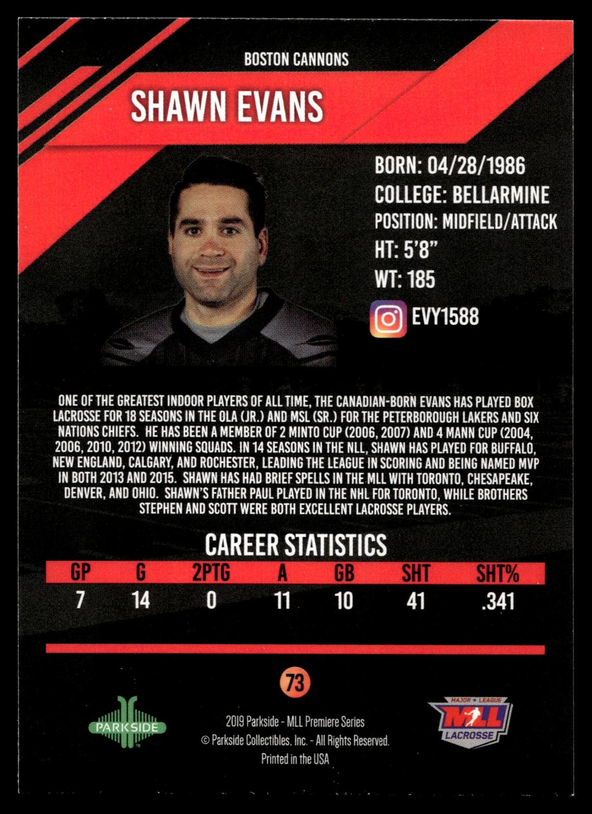 Shawn Evans 2019 Parkside Premier Series Boston Cannons #73