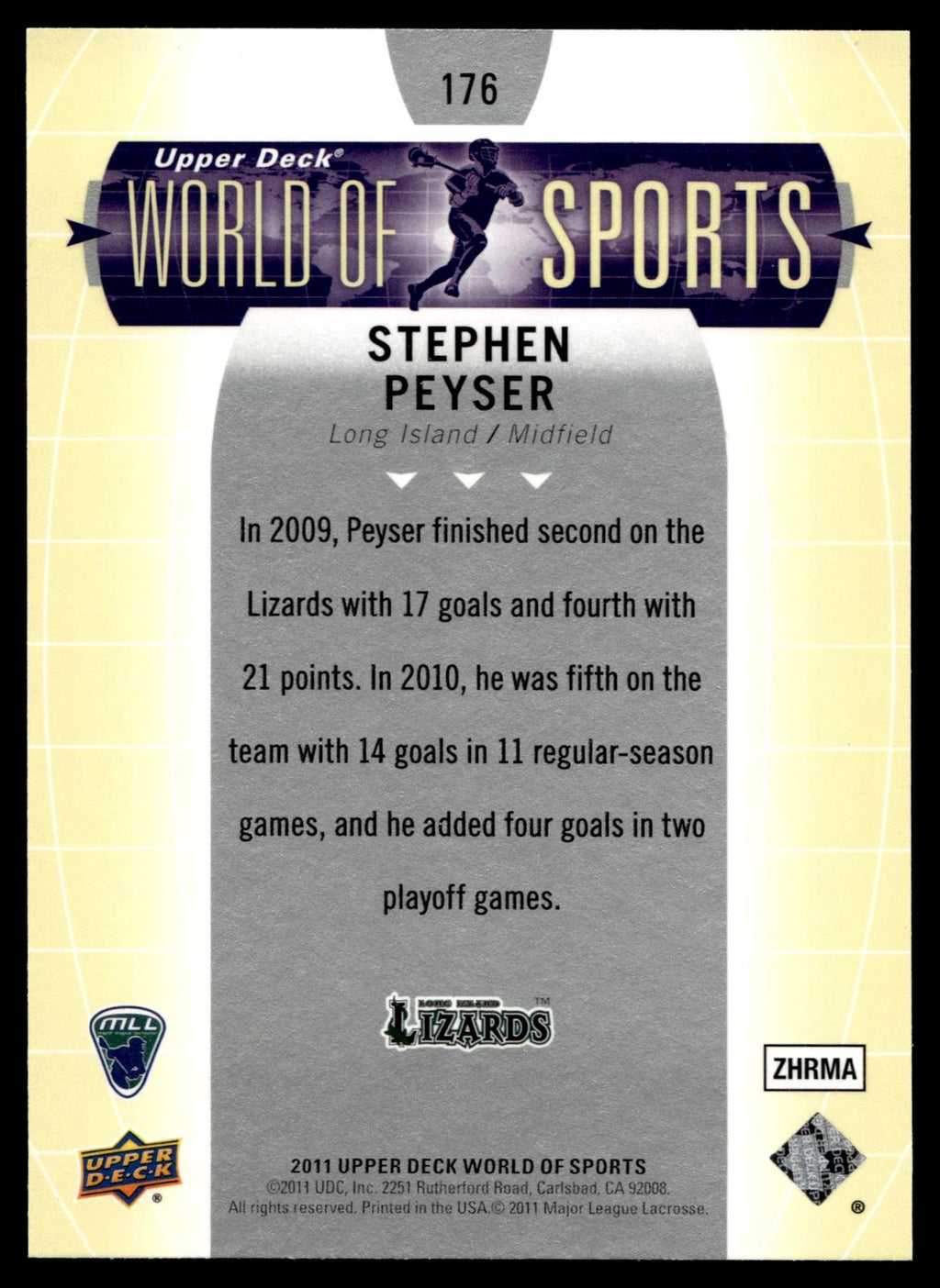 Stephen Peyser 2011 Upper Deck World of Sports New York Lizards #176