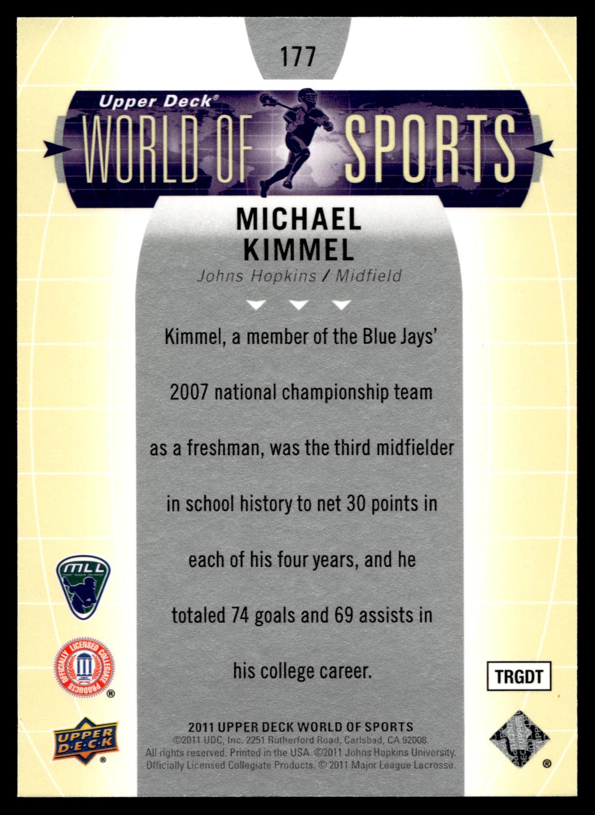 Michael Kimmel 2011 Upper Deck World of Sports Johns Hopkins Blue Jays #177