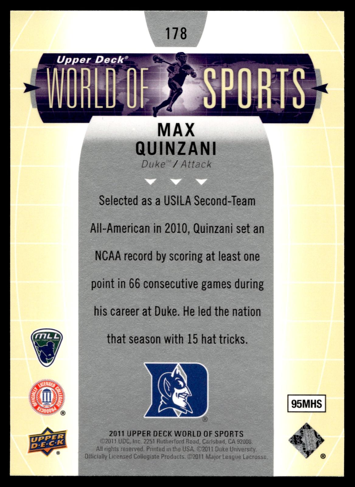 Max Quinzani 2011 Upper Deck World of Sports Duke Blue Devils #178