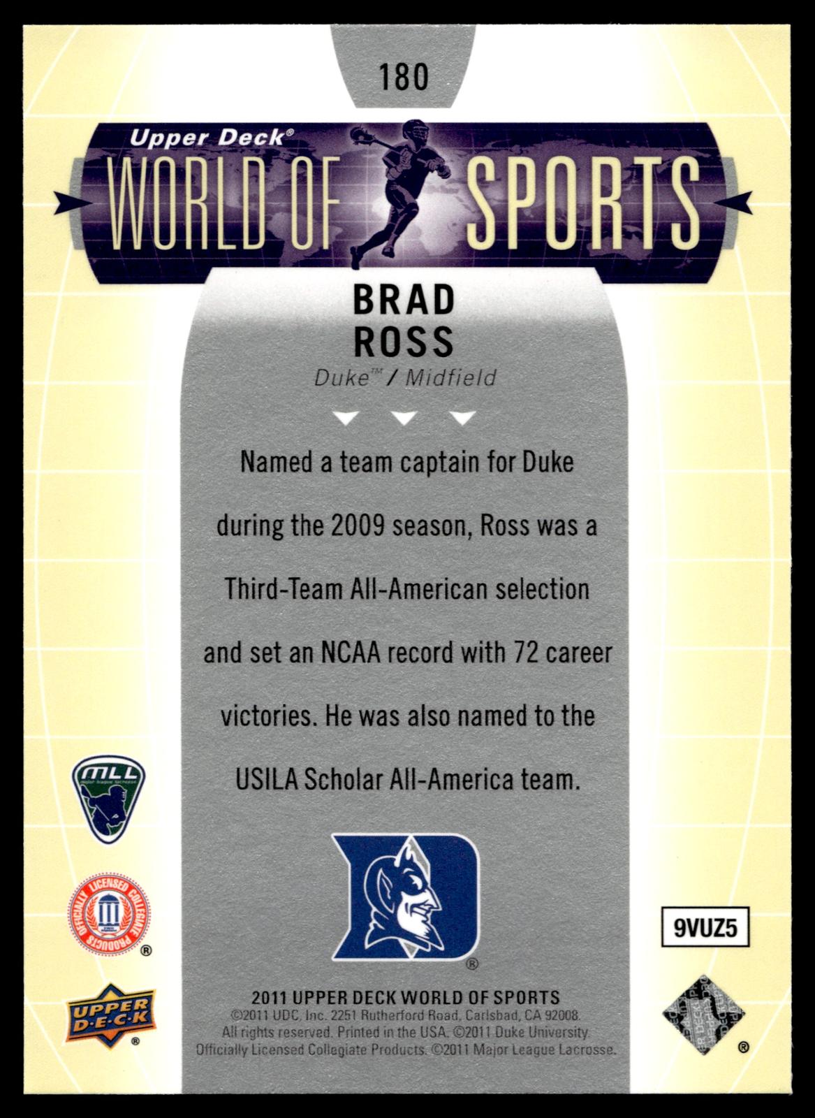 Brad Ross 2011 Upper Deck World of Sports Duke Blue Devils #180