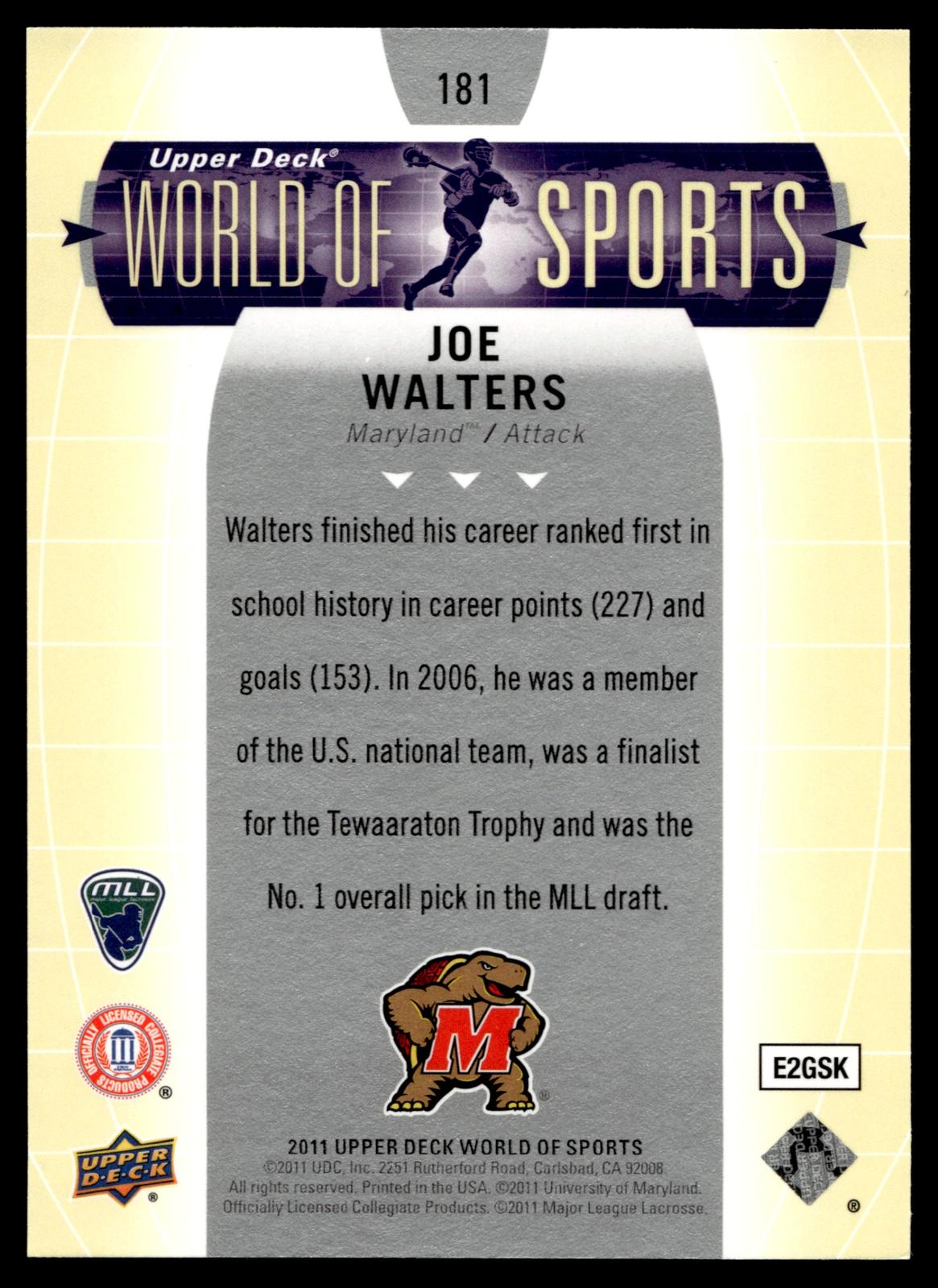 Joe Walters 2011 Upper Deck World of Sports Maryland Terrapins #181