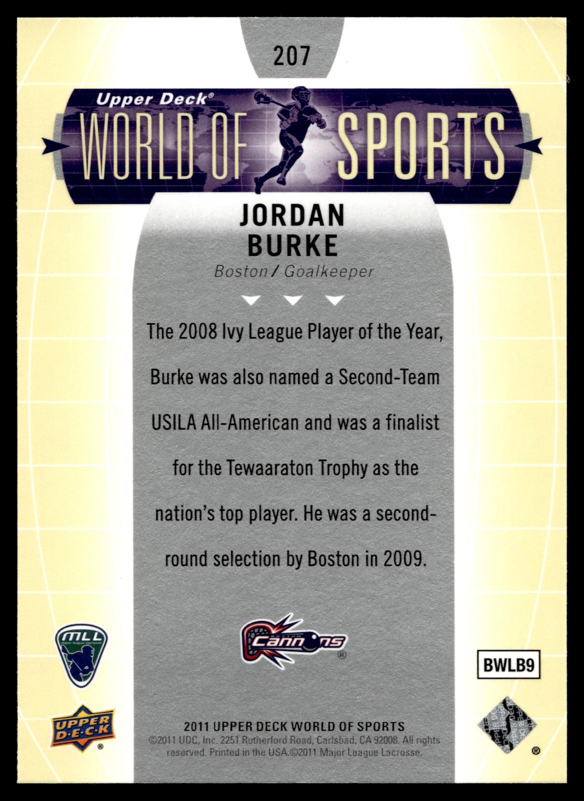 Jordan Burke 2011 Upper Deck World of Sports Boston Cannons #207